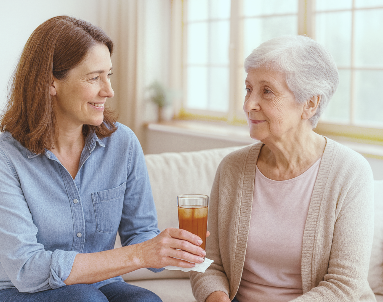 A woman handing a glass of iced tea to an elderly woman in a cozy living room.